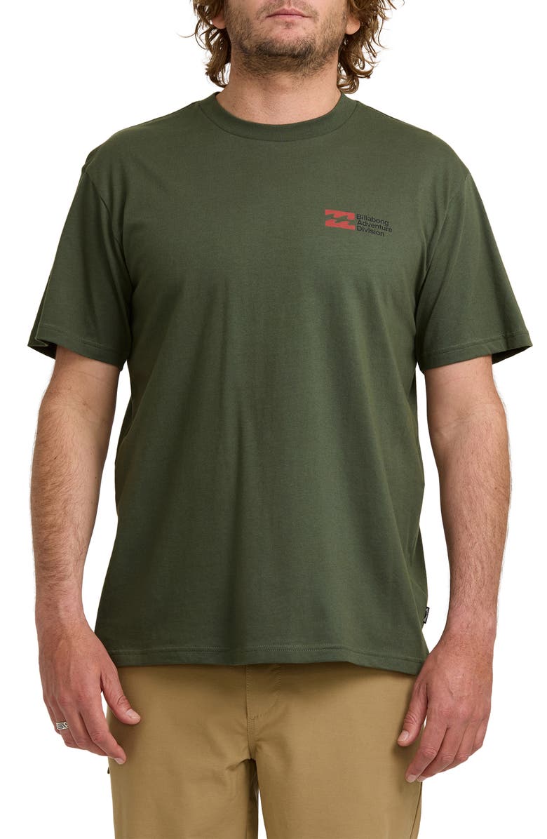 Billabong Abandoned Adventure Division Organic Cotton Graphic T-Shirt, Main, color, Flat Green