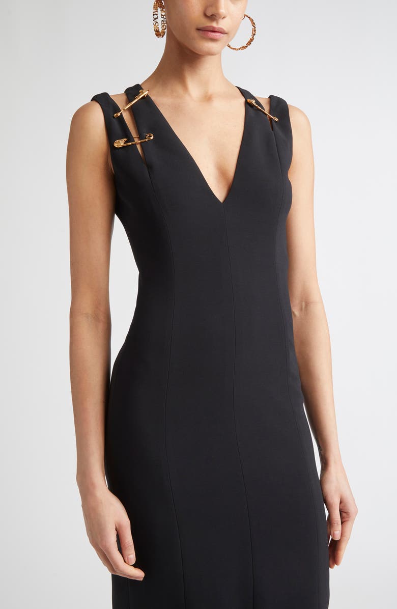 Versace Safety Pin Cady Sheath Dress, Alternate, color, Black