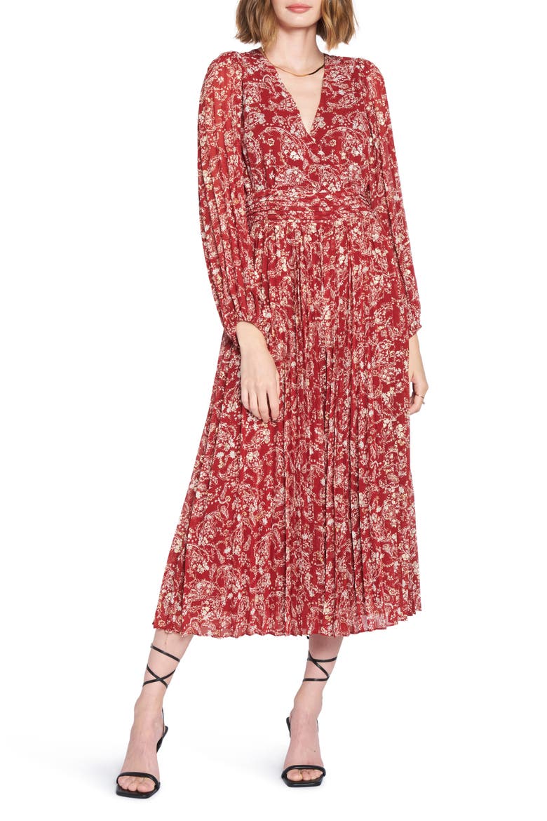 Paisley Long Sleeve Pleated Dress, Main, color, RUST