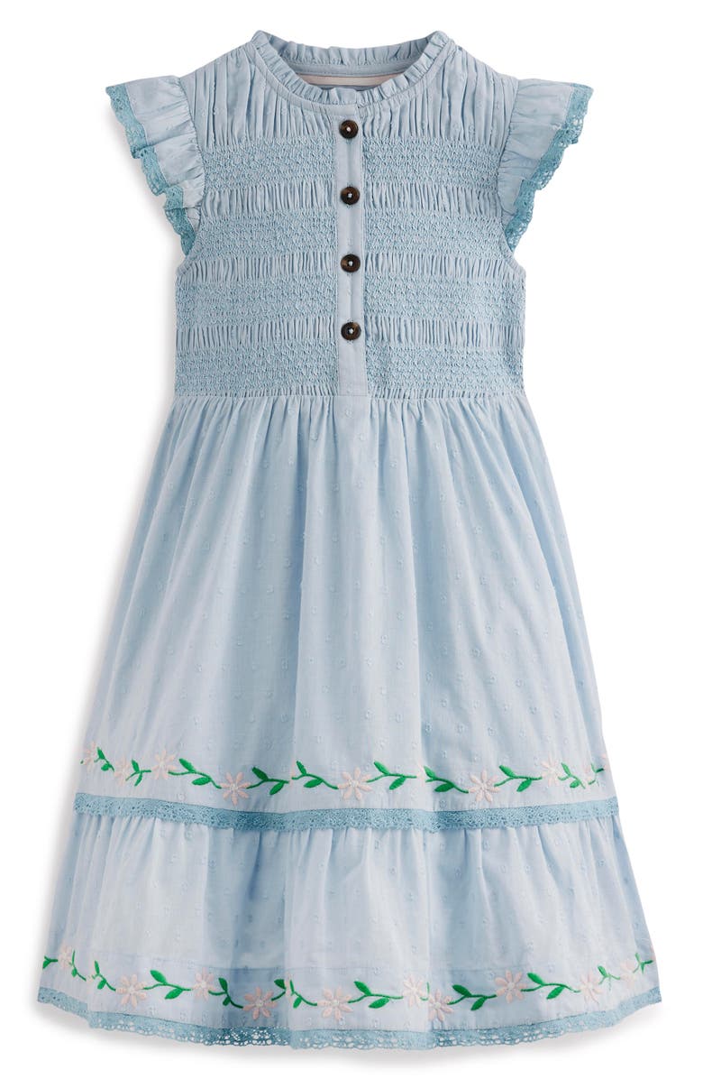Mini Boden Kids' Embroidered & Smocked Dress, Main, color, Misty Blue