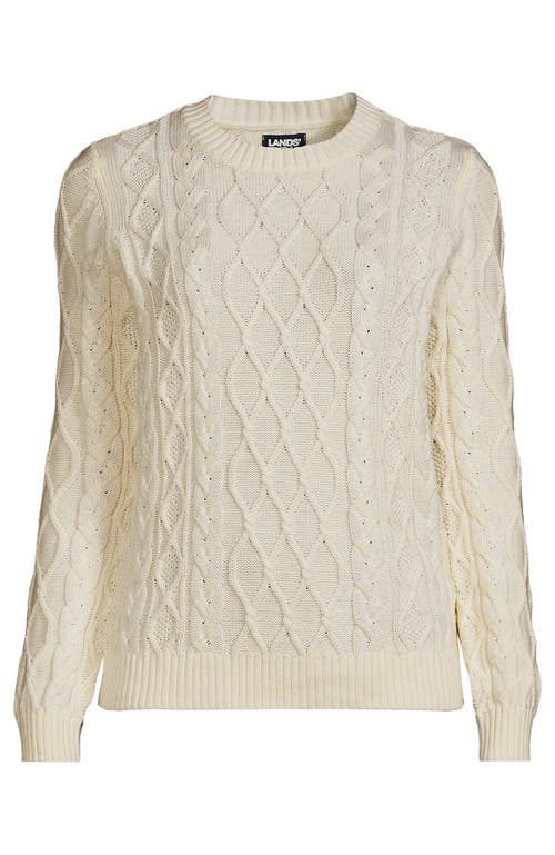 Lands' End Plus Size Aran Cable Crew Neck Sweater In Fresh Ivory