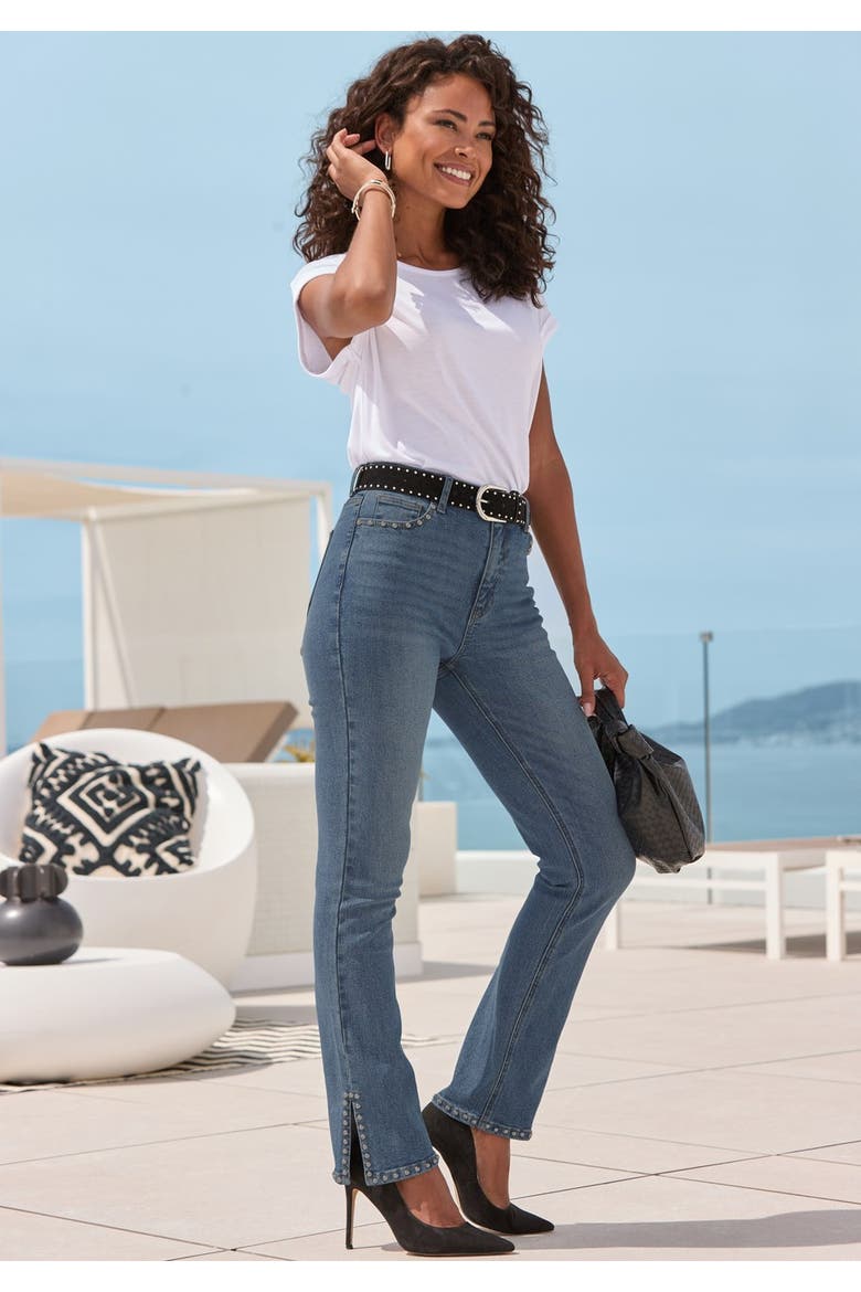 Embellished Split Hem Jeans, Alternate, color, Medium Wash