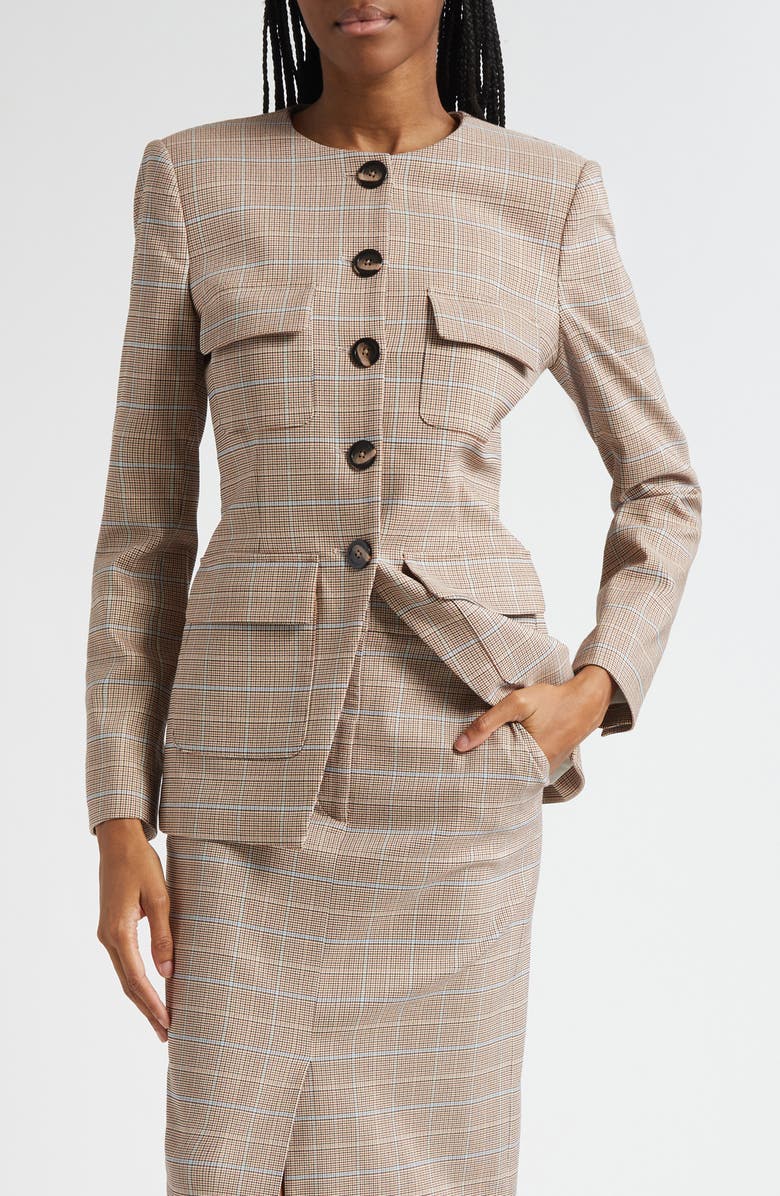Veronica Beard Orrin Windowpane Plaid Collarless Jacket, Main, color, Hazelnut Multi