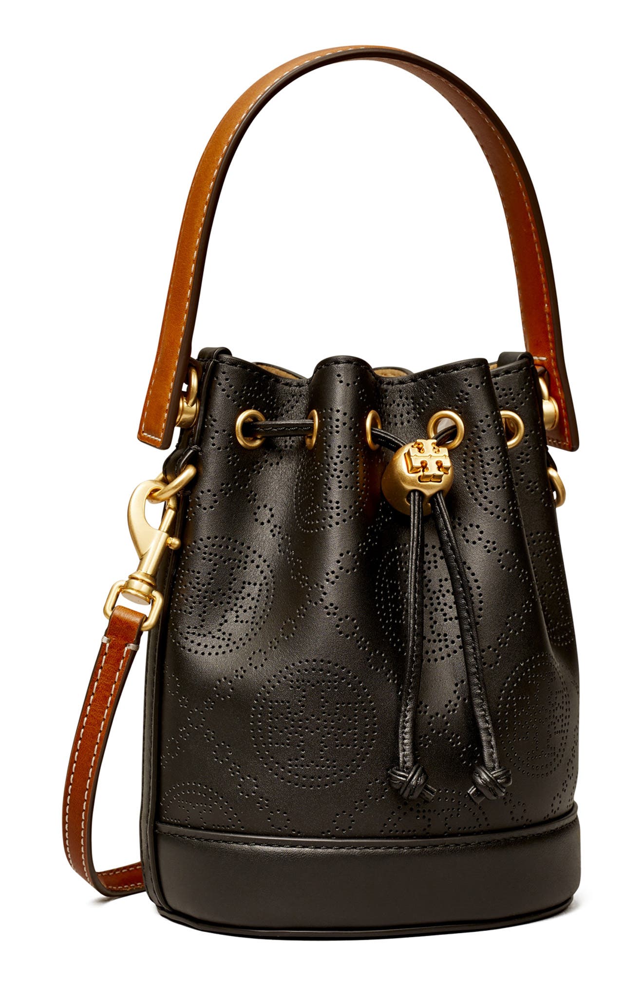 Tory Burch Mini T Monogram Perforated Leather Bucket Bag, Alternate, color, 