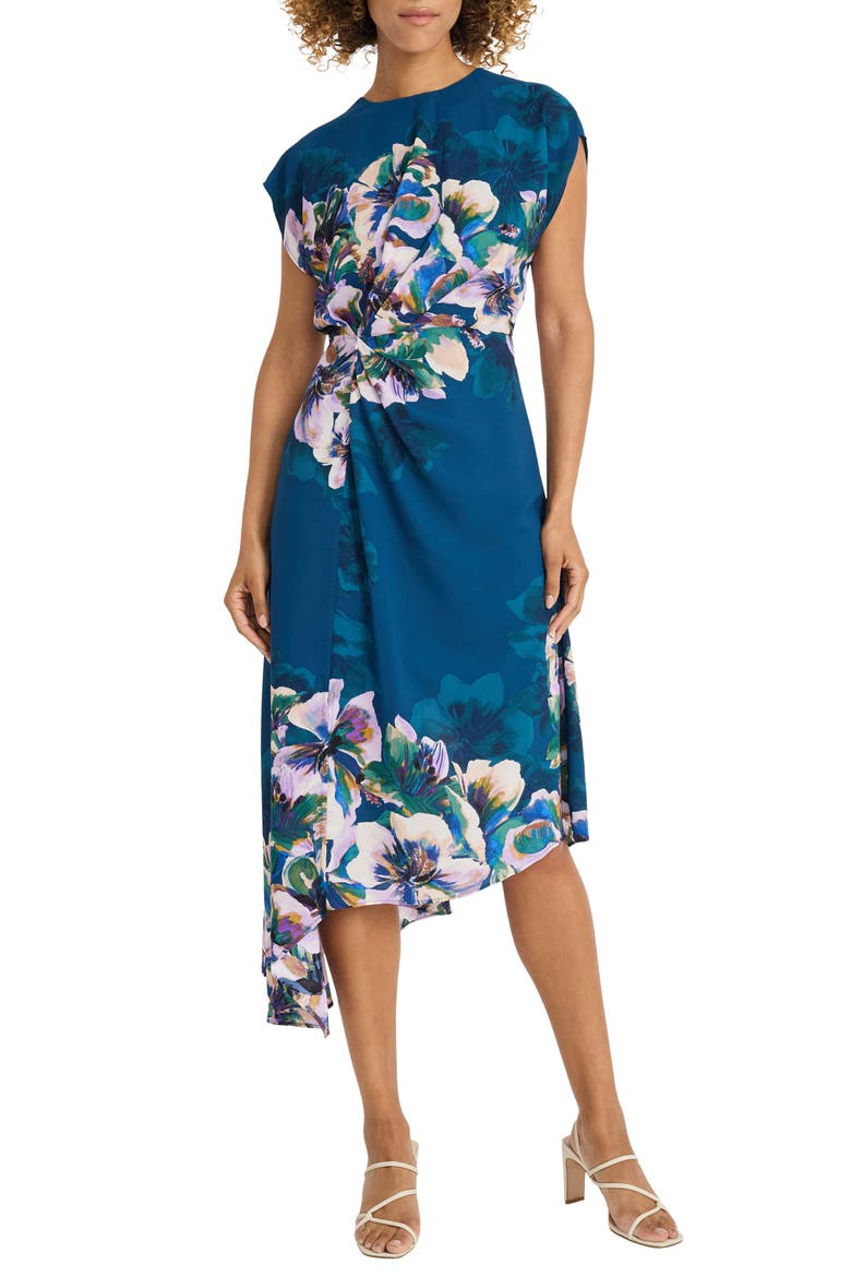 Floral Print Asymmetric Dress, Main, color, DEEP TEAL BLUE/ LT ROYAL LILAC