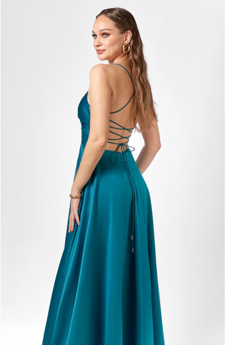 Bariano Hanna Open Back A-Line Gown, Alternate, color, Emerald