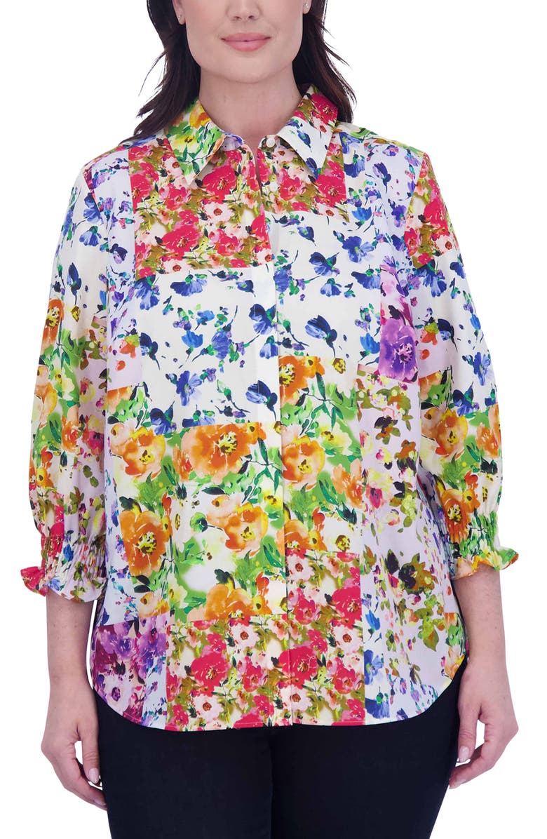 Foxcroft Olivia Floral Ruffle Sleeve Button-Up Shirt, Main, color, 