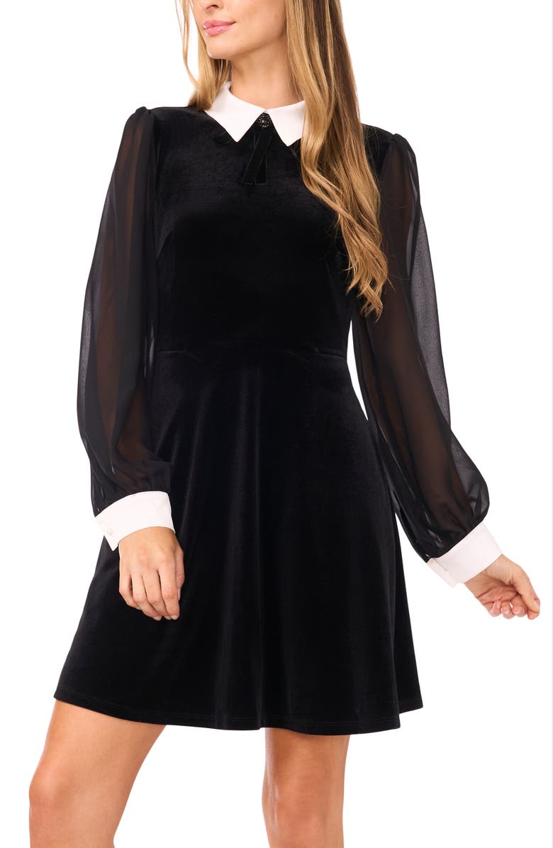 CeCe Collar Mixed Media Velvet Dress, Alternate, color, Rich Black