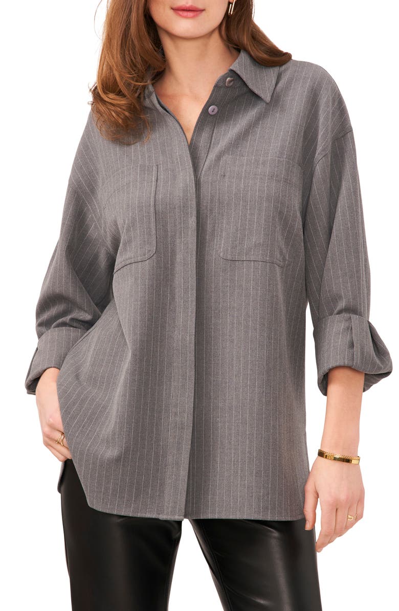 Vince Camuto Pinstripe Oversize Shirt Jacket, Main, color, Steel Heather