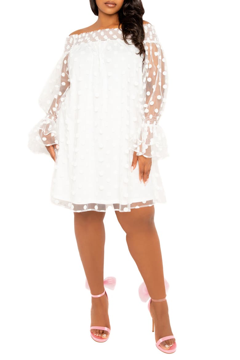 Flock Dot Off the Shoulder Dress, Main, color, IVORY