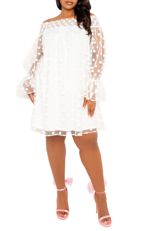 BUXOM COUTURE Flock Dot Off the Shoulder Dress in Ivory 