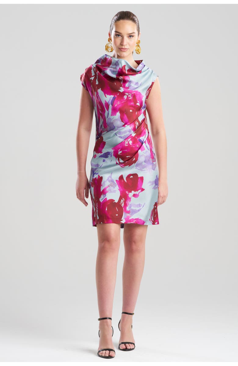 Natori Mira Silk Twill Asymmetric Funnel Neck Dress, Main, color, Fuchsia