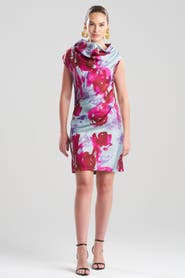 Natori Mira Silk Twill Asymmetric Funnel Neck Dress