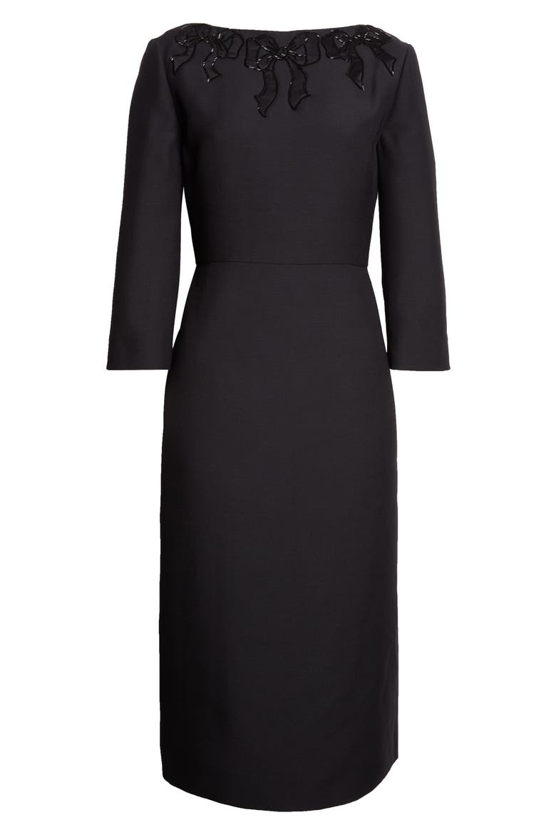 Beaded Bow Detail Crepe Couture Sheath Dress, Alternate, color, BLACK