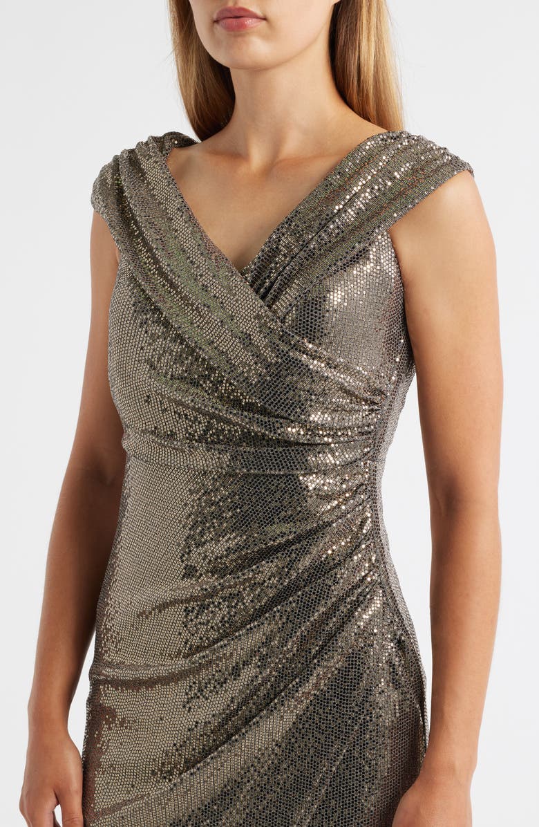 Vince Camuto Foil Knit Draped Off the Shoulder Sheath Gown, Alternate, color, Bronze