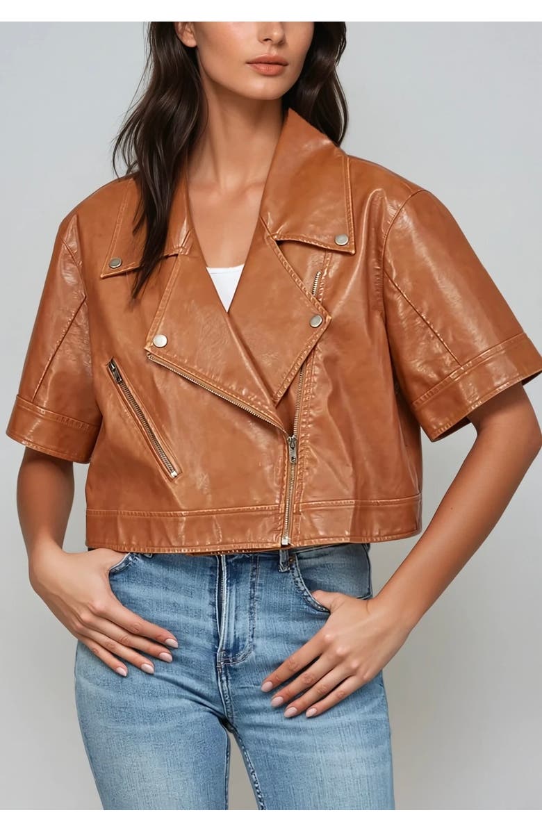 Sisterly Romy Crop Faux Leather Moto Jacket, Alternate, color, Cognac