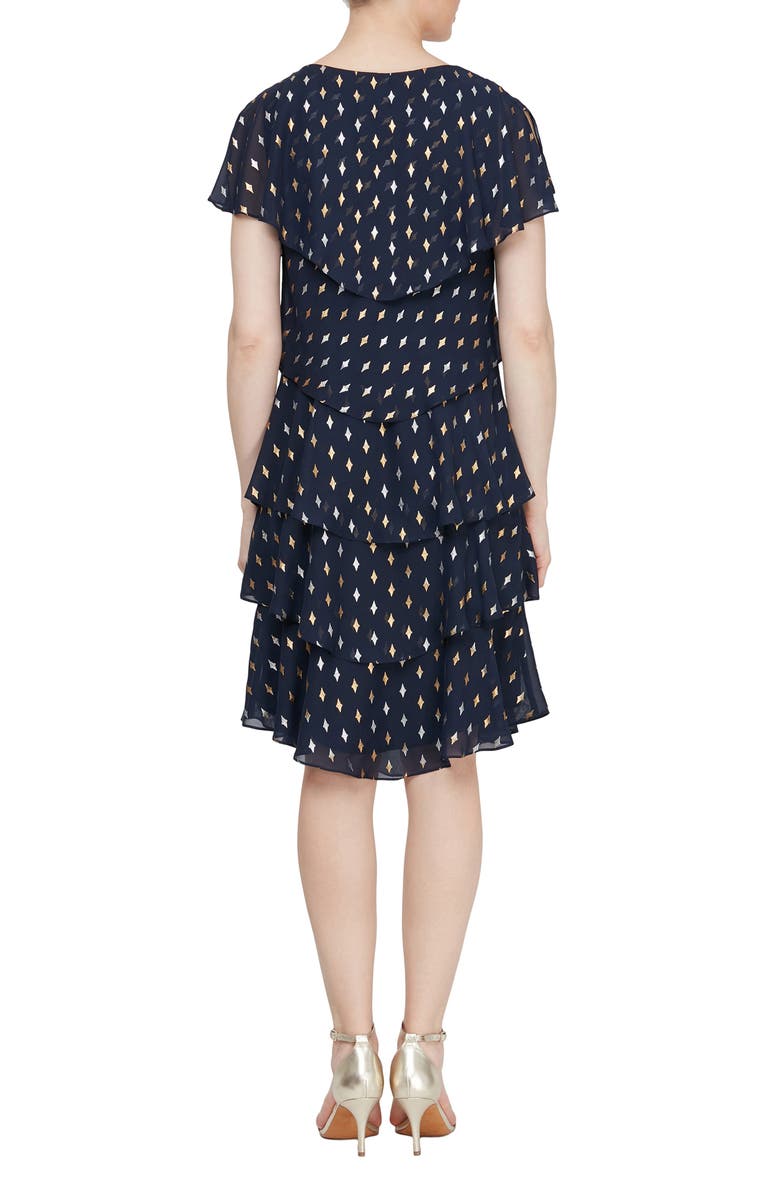 SL FASHIONS Tiered Metallic Print Chiffon Dress, Alternate, color,