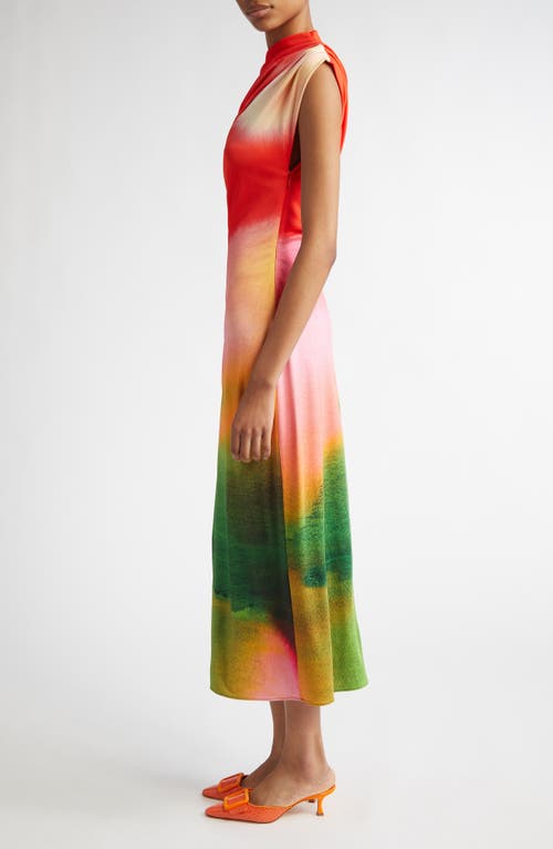 Oscar De La Renta Abstract Watercolor One Shoulder Jersey Midi Dress In Multi