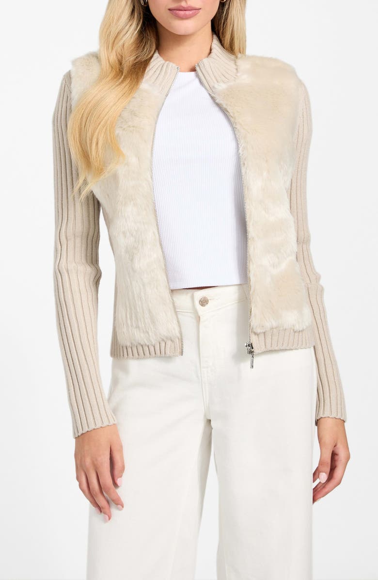 GUESS Mila Mixed Media Faux Fur Cardigan, Alternate, color, F1cy-Light