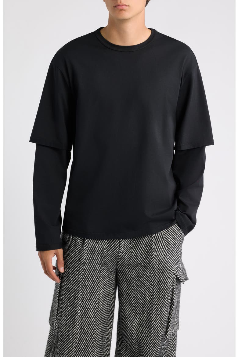 Double Layer Long Sleeve Stretch Cotton T-Shirt, Main, color, BLACK