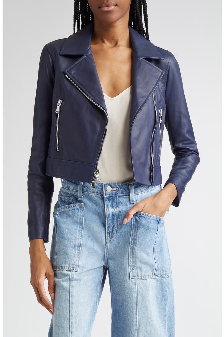 Onna Crop Leather Biker Jacket, Main, color, NAVY
