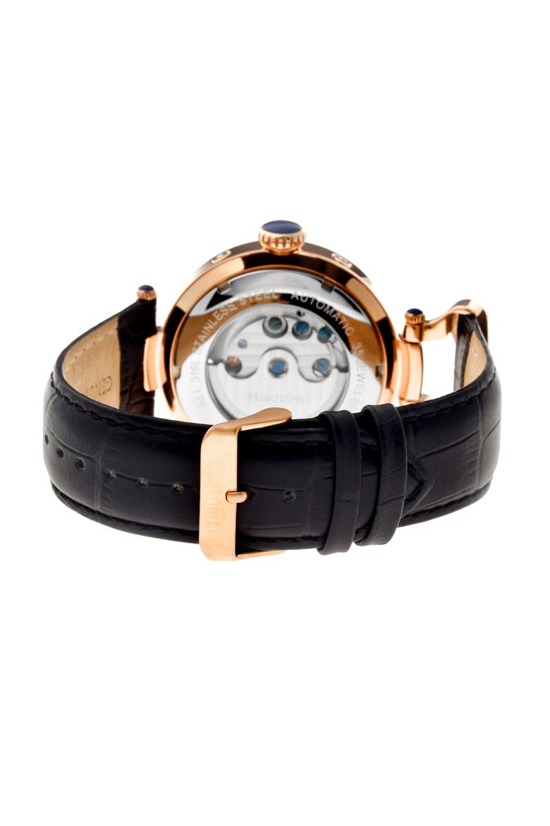 Ganzi Semi-Skeleton Leather-Band Watch, Alternate, color, Rose Gold/Black