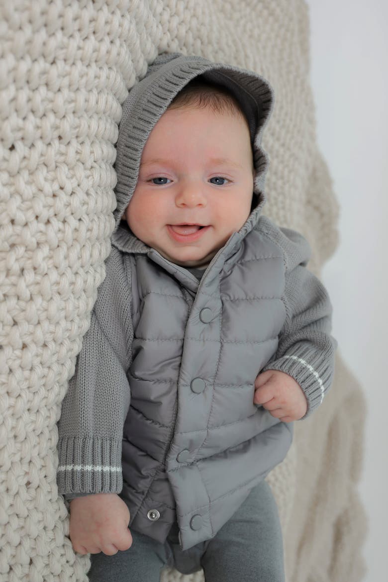 Quilted Hood Coat with Knit Sleeves and Snap Closure, Alternate, color, Grey
