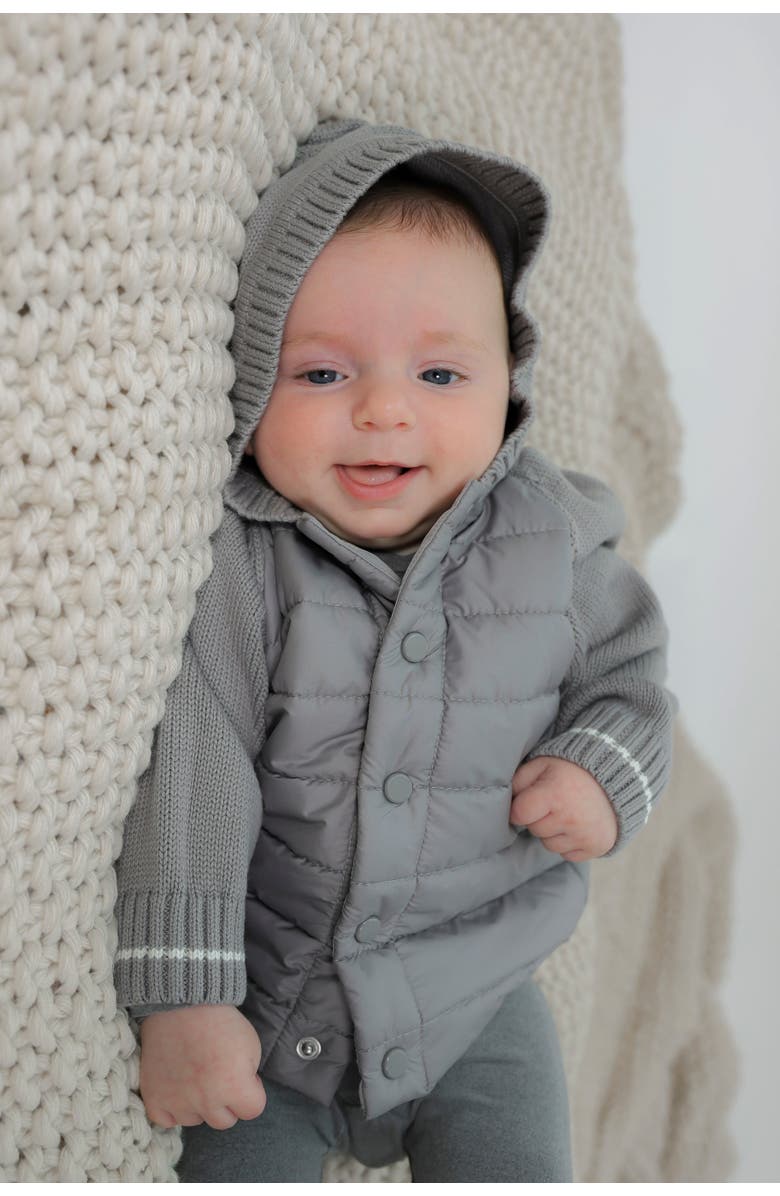 Fragile Quilted Hood Coat with Knit Sleeves and Snap Closure, Alternate, color, Grey