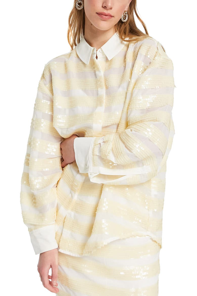Edition Sequin Stripe Button-Up Shirt, Main, color, IVORY