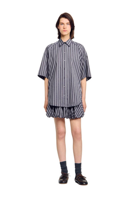 Sandro Oversized Striped Rhinestone Shirt In Blue