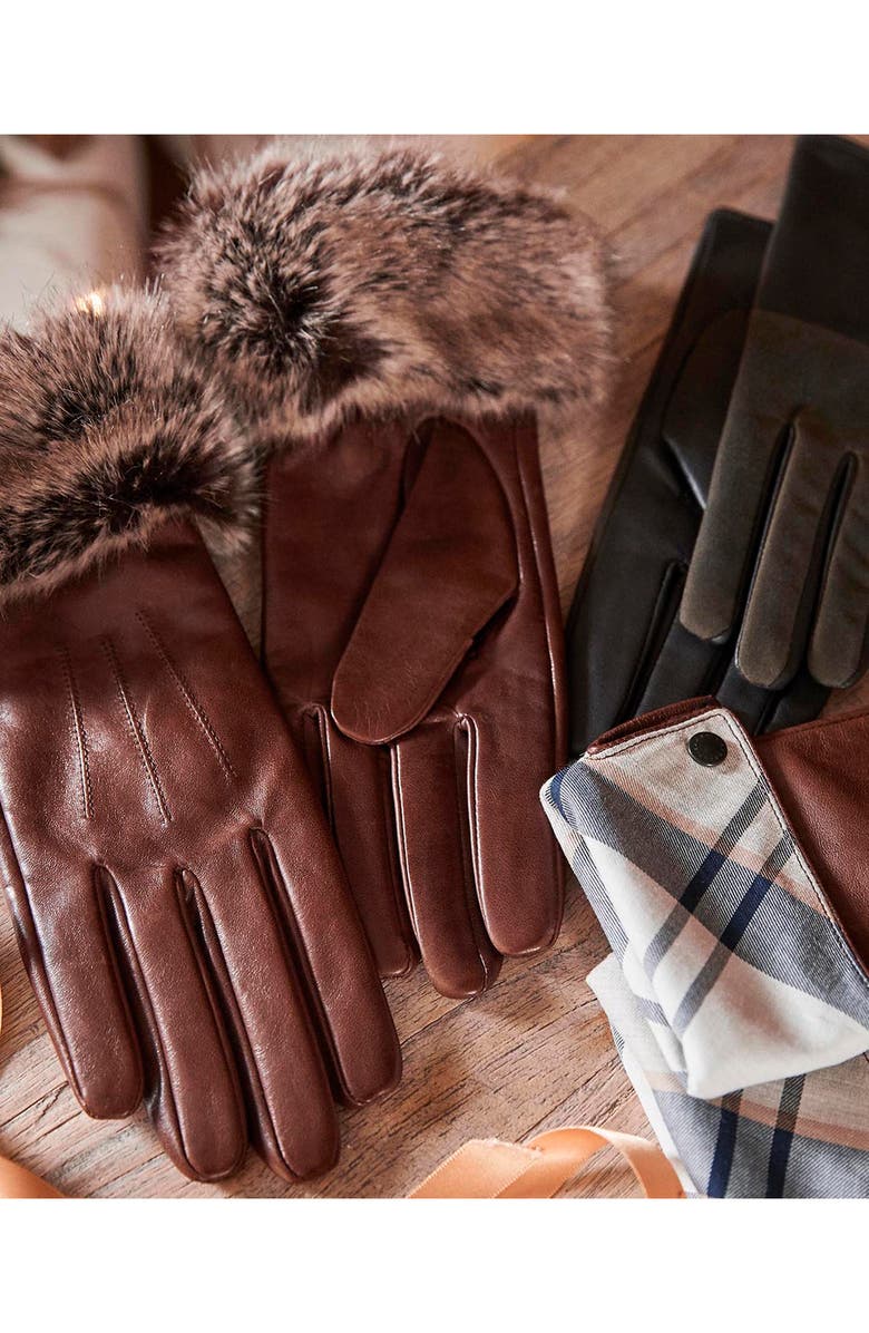 Barbour Faux Fur Trim Leather Gloves, Alternate, color, 