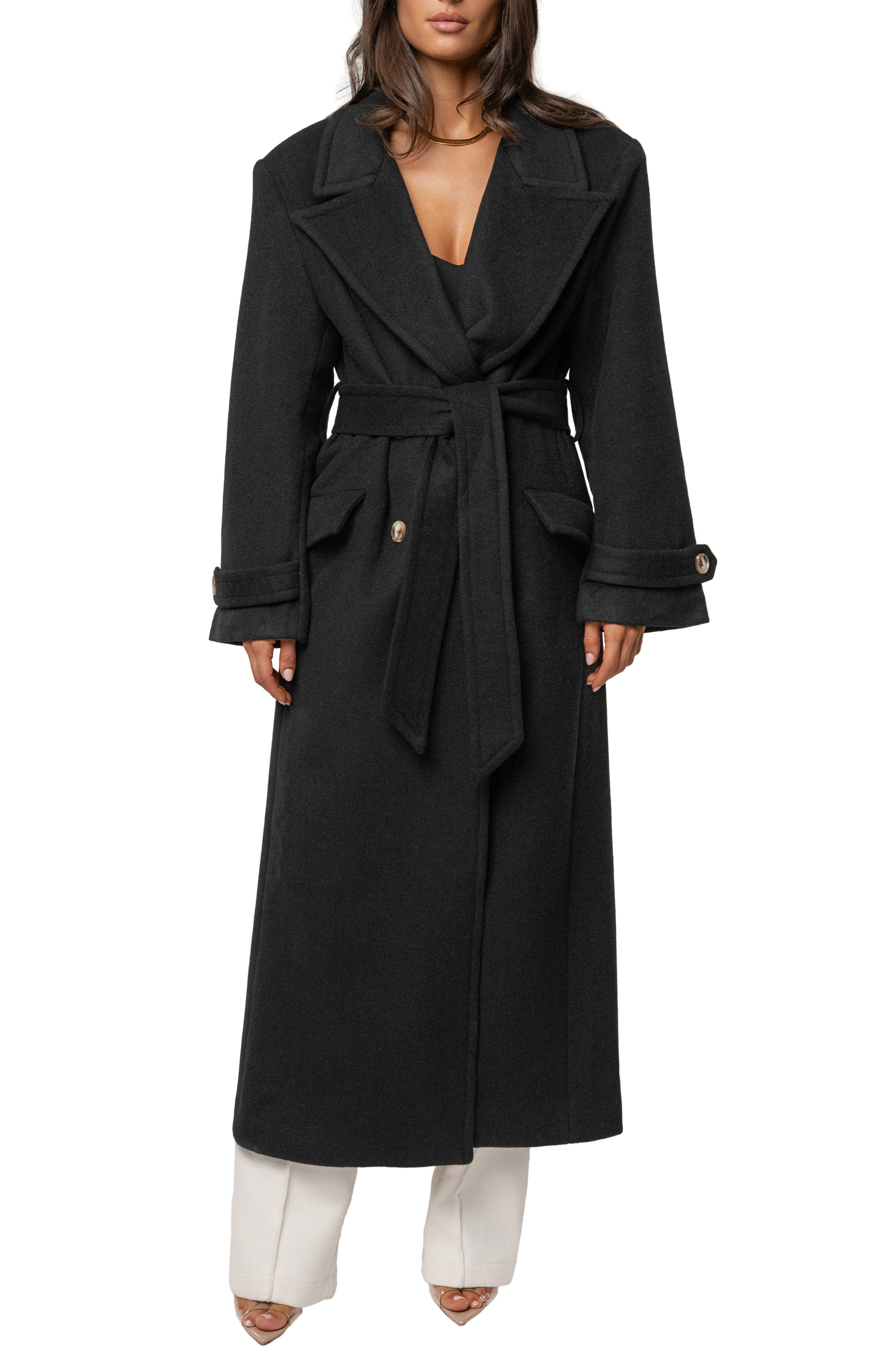 Jluxlabel Empire Double Breasted Longline Coat In Black