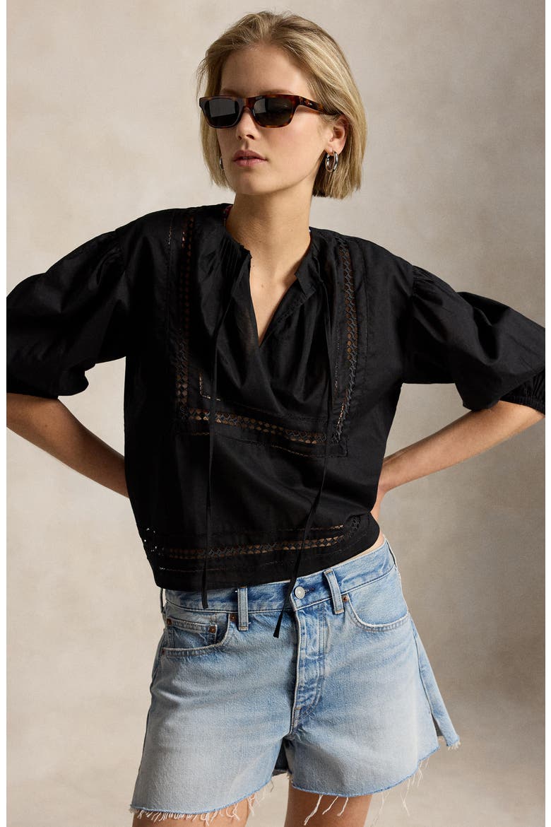 Lace Detail Cotton Top, Alternate, color, POLO BLACK
