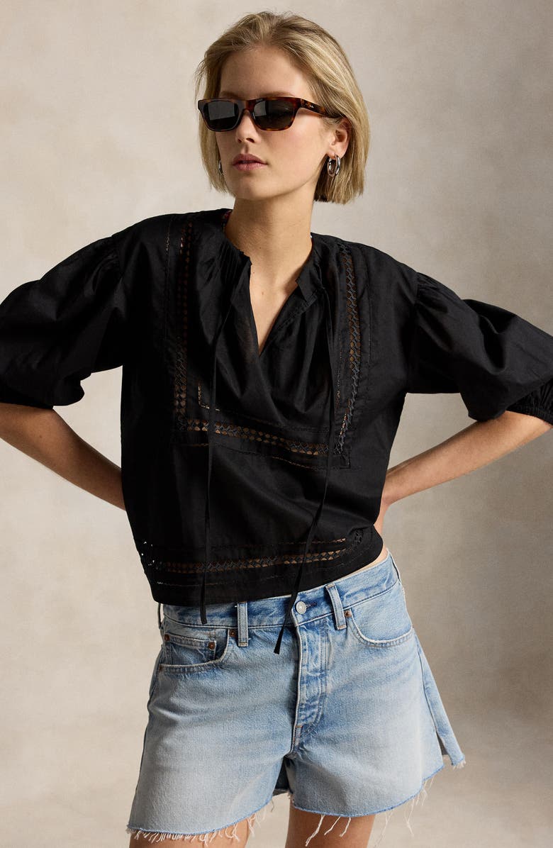 Polo Ralph Lauren Lace Detail Cotton Top, Alternate, color, Polo Black