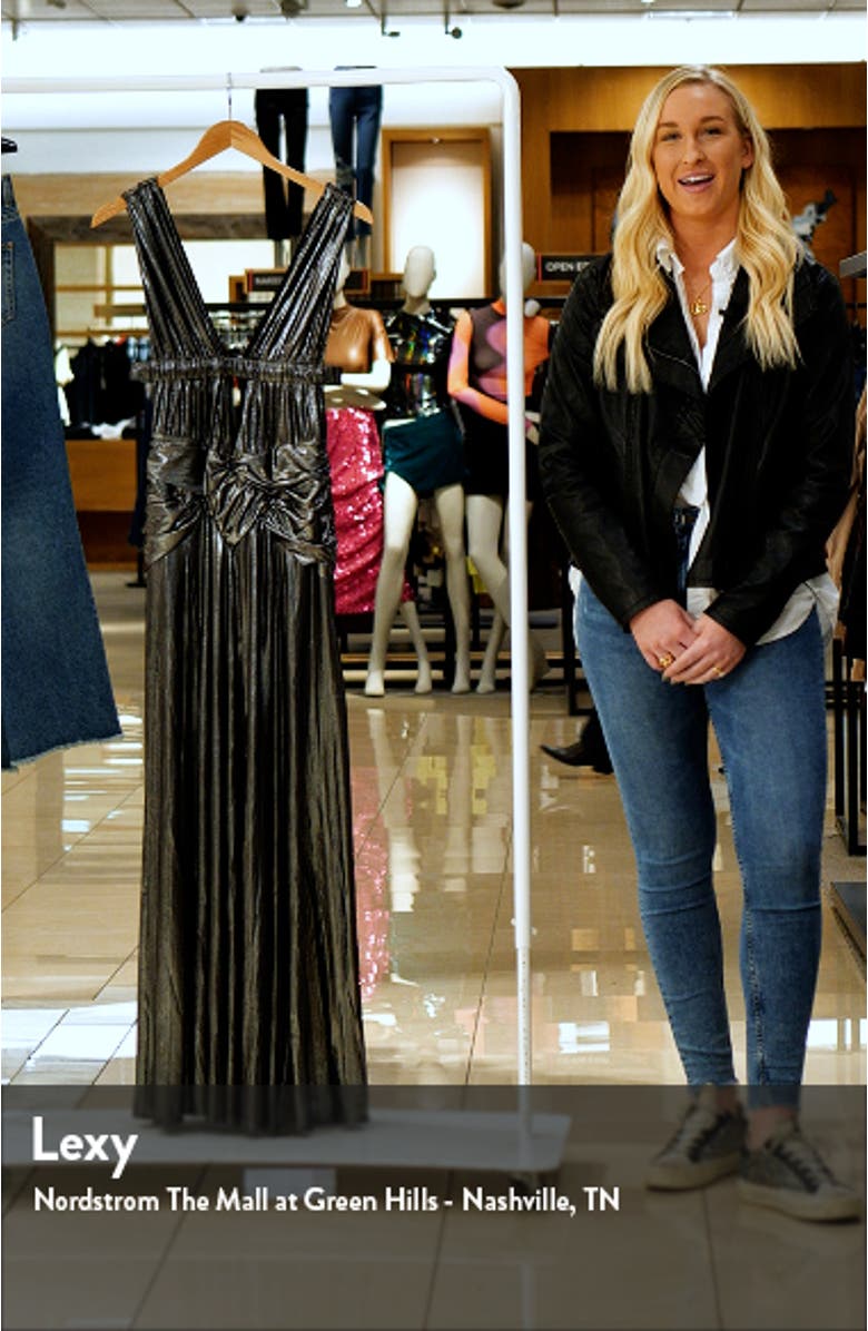 Metallic Plunge Neck Maxi Dress, sales video thumbnail