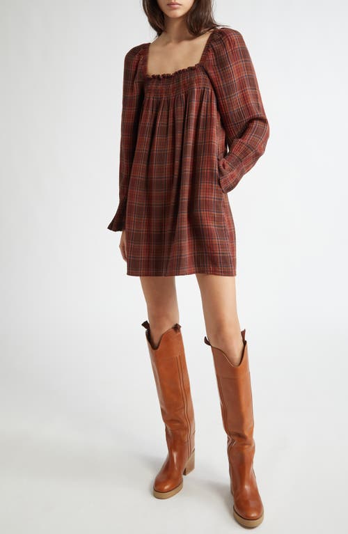 MILLE Garbriette Plaid Long Sleeve Cotton Babydoll Dress in Fireside Plaid 