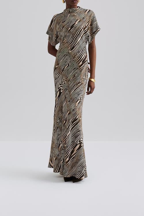 Malina Alivia Short Sleeve Satin Maxi Dress In Neutral