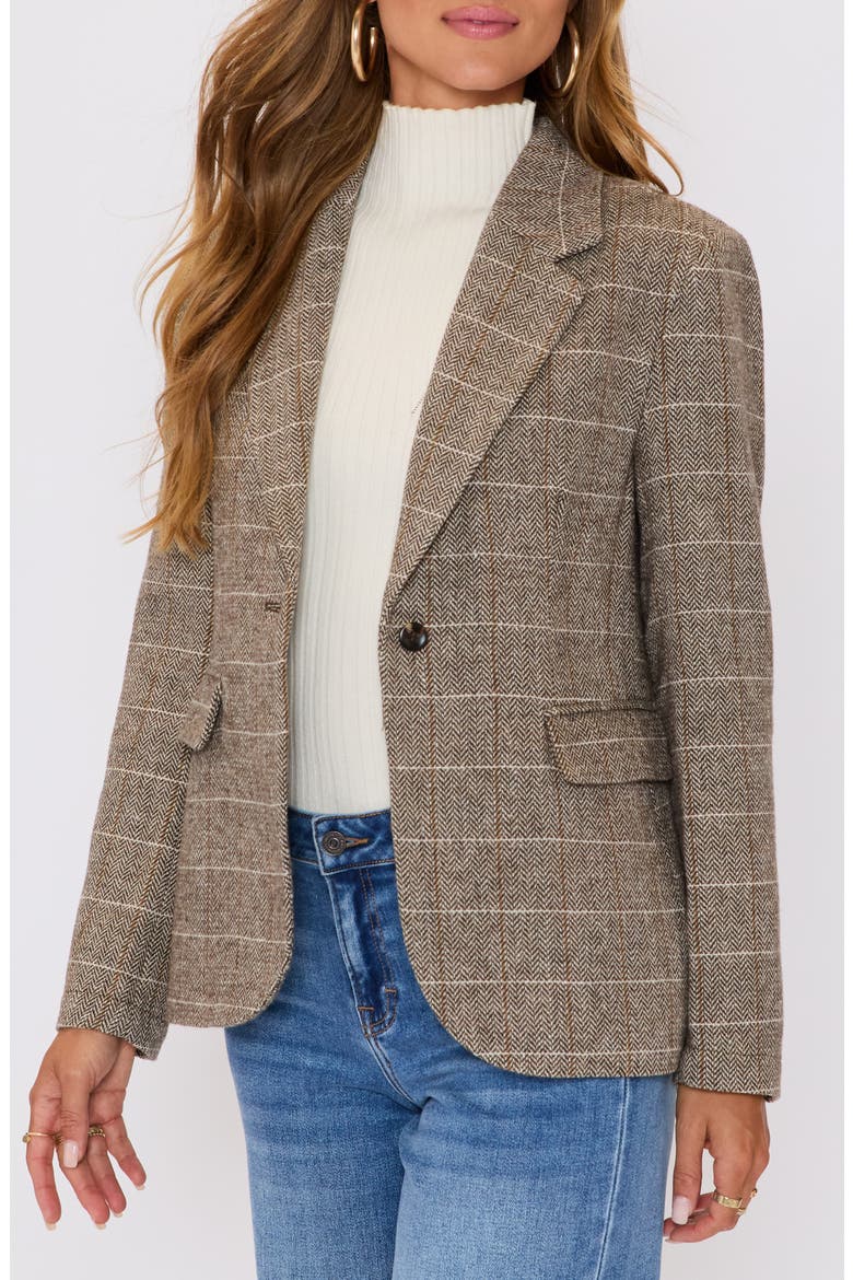 Elodie Plaid One-Button Blazer, Alternate, color, DARK BROWN HERRINGBONE