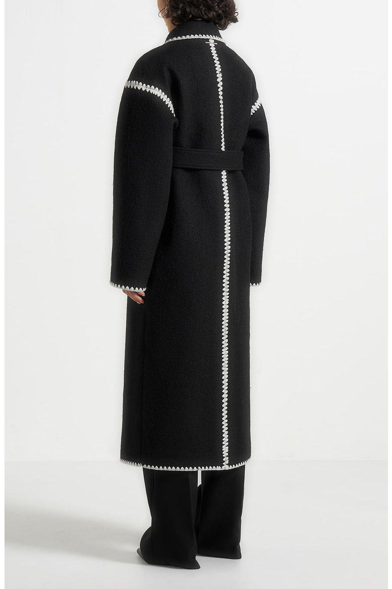 Elora Wool Blanket Stitch Belted Longline Coat, Alternate, color, Black