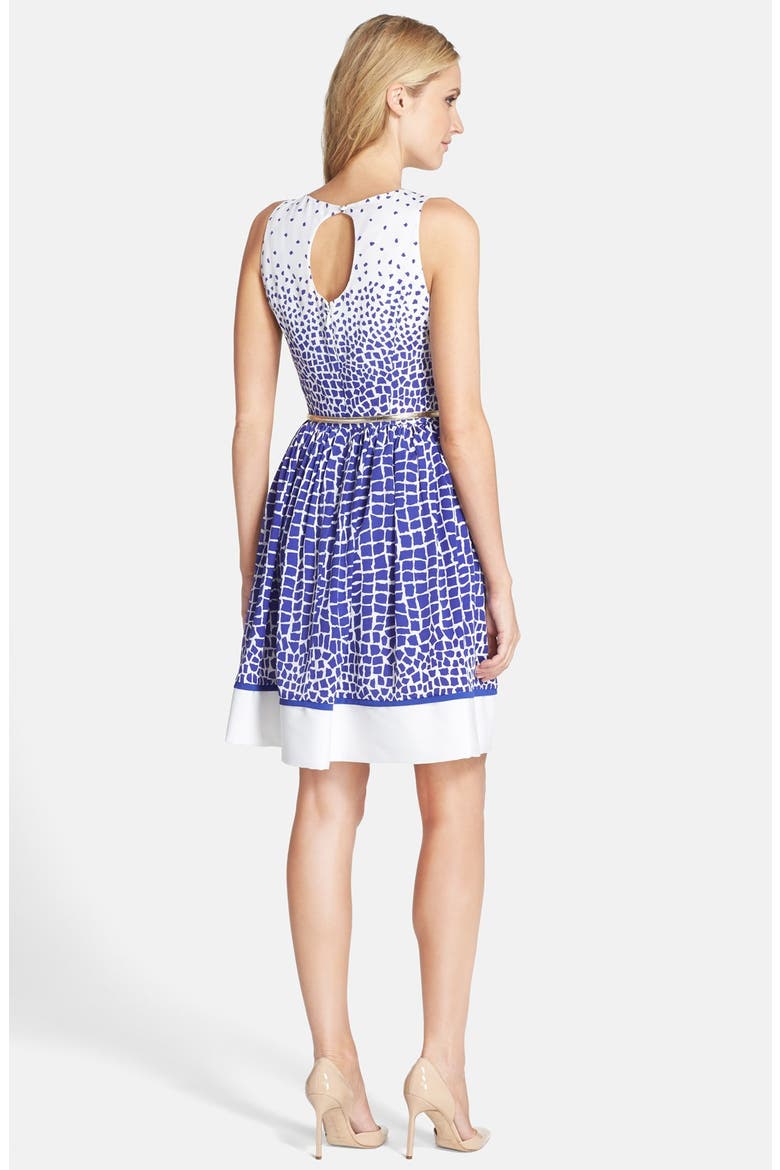 Belted Print Fit & Flare Dress, Alternate, color, BLUE/ WHITE
