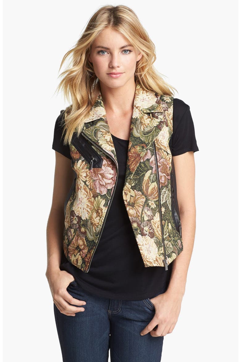 Faux Leather Inset Tapestry Moto Vest, Main, color, DARK LEAF