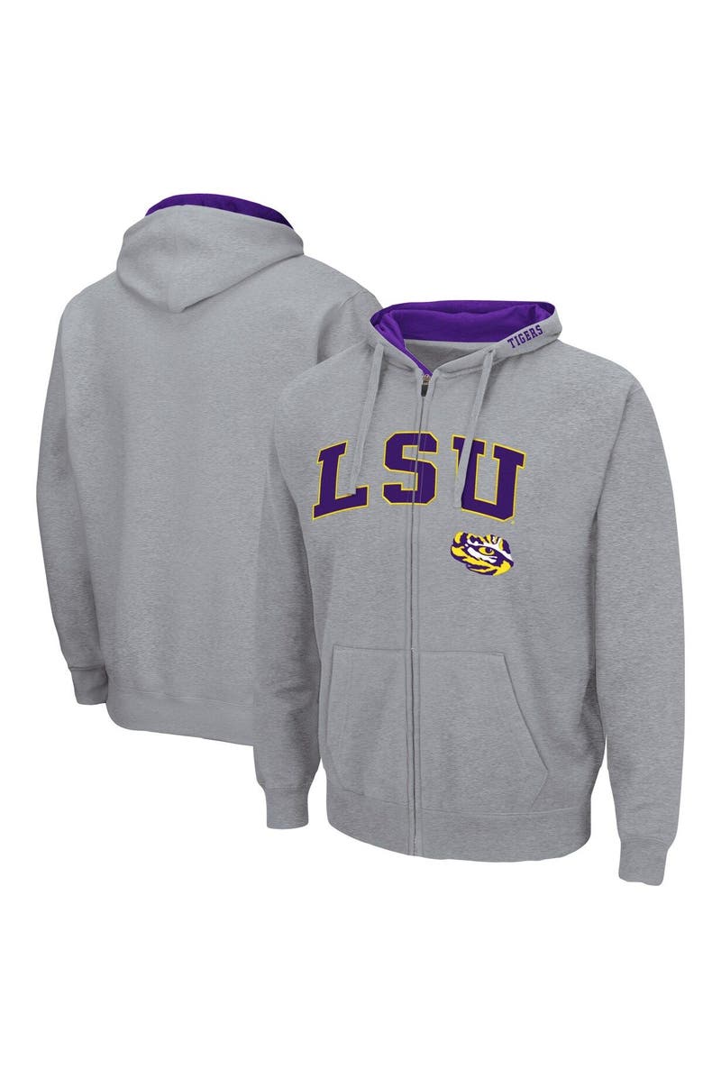 COLOSSEUM Men's Colosseum Heathered Gray LSU Tigers Arch & Logo 3.0 Full-Zip Hoodie, Main, color, Heather Gray