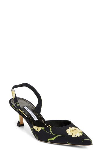Manolo Blahnik Carolyne Floral Pointed Toe Slingback Pump In Black