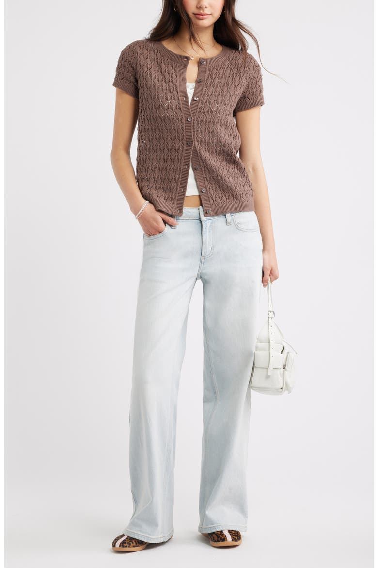 Pointelle Short Sleeve Cardigan, Alternate, color, BROWN QUARTZ