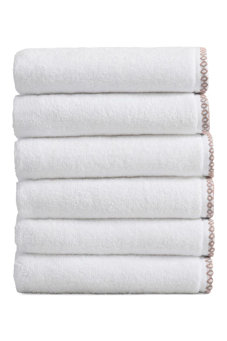 Border Stitch 6-Pack Cotton Hand Towels, Main, color, WHITE/ROSEWOOD