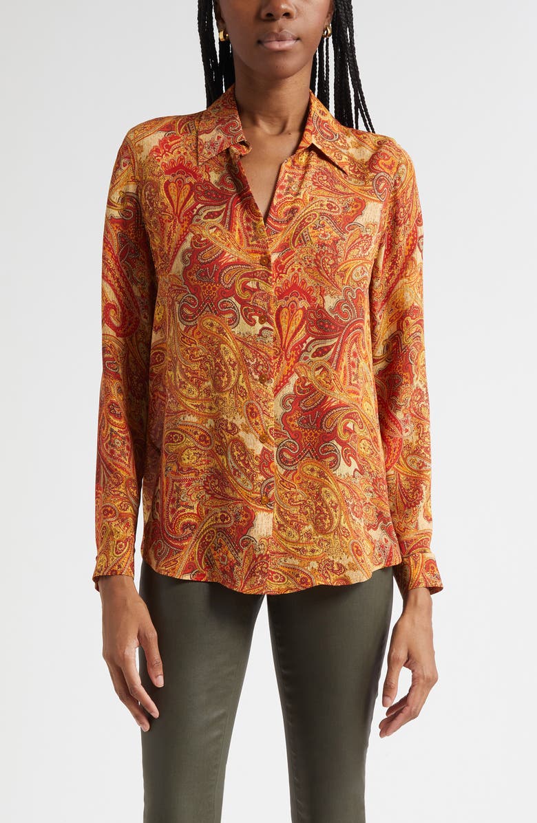 L'AGENCE Nina Paisley Print Silk Button-Up Shirt, Main, color, Golden Ochre Twill Paisley