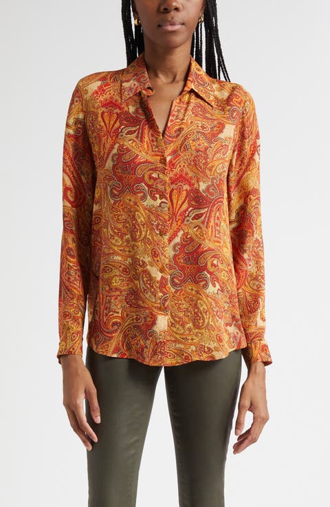 Nina Paisley Print Silk Button-Up Shirt