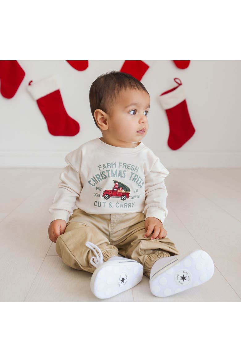 Farm Fresh Christmas Tree Patch Long Sleeve Romper, Alternate, color, Natural