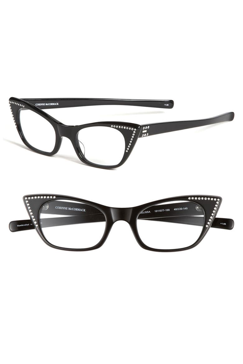 'Melissa' Crystal Cat's Eye Reading Glasses, Main, color, BLACK