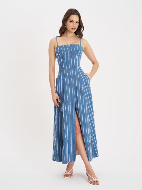 Miss Circle Abygail Stripe Cotton Denim Maxi Dress In Blue